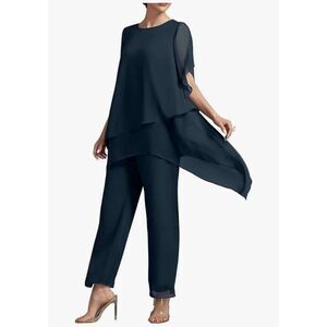 Women's 2 Pieces Pantsuits Navy Short Sleeve Chiffon Ankle Length Formal Size 12